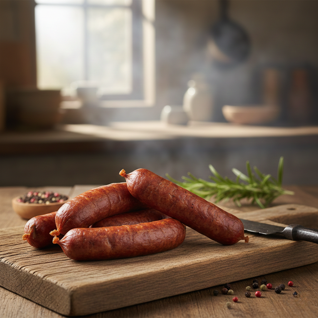 Mesa rústica con tabla de madera donde destaca la acción de comprar longaniza ahumada online en Chile.