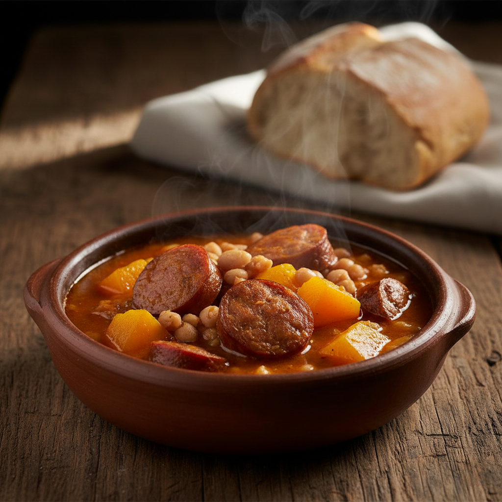 Plato hondo de greda con receta porotos con longaniza humeante.