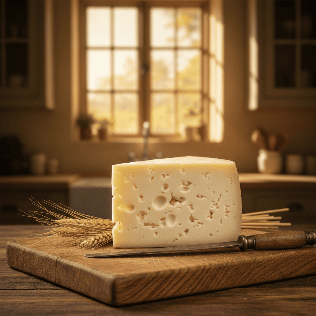 Trozo de queso mantecoso del sur de chile sobre tabla de madera rústica.