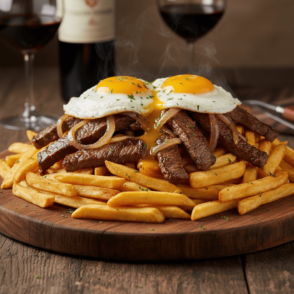 Plato de madera con una chorrillana chilena humeante y carne del sur.