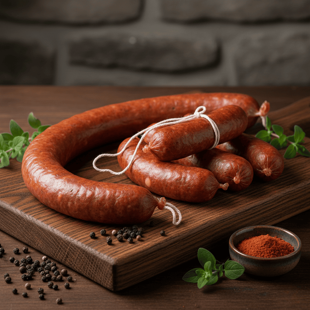 Tabla de madera con diferencia longaniza y chorizo artesanales del sur de Chile.