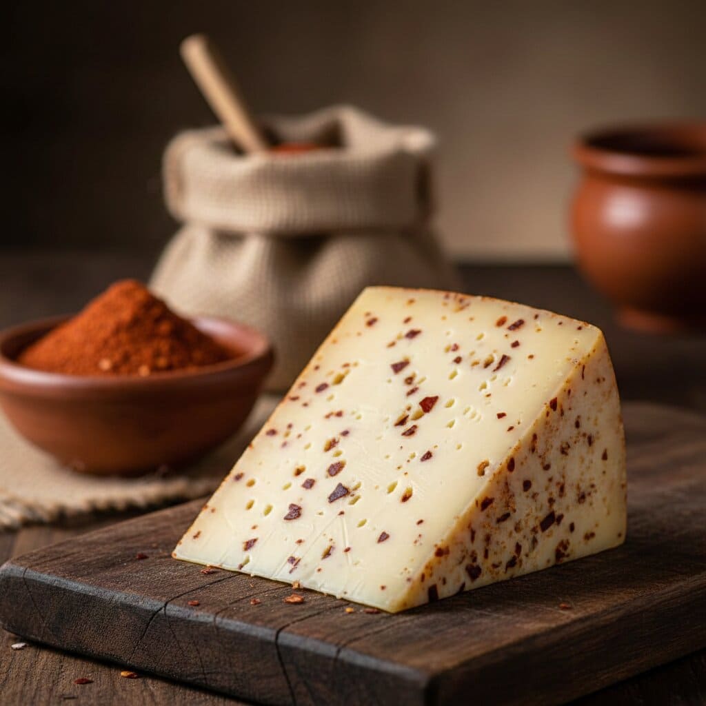 Cuña de queso mantecoso con merken sobre tabla de madera rústica mostrando el queso con merken precio competitivo.