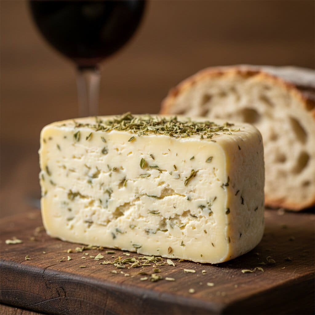 Trozo de queso con orégano gourmet sobre tabla de madera rústica.