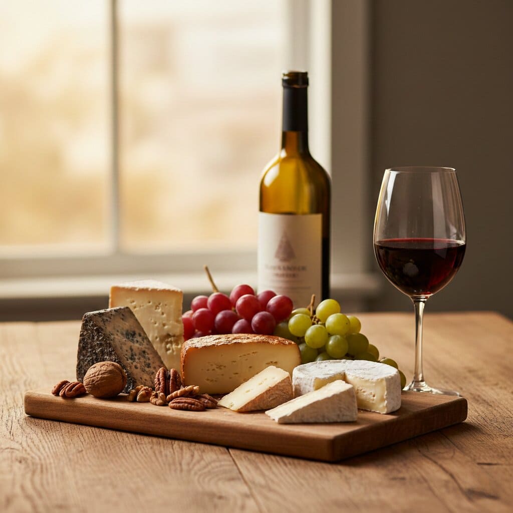 Tabla de quesos y vinos a domicilio con productos artesanales del sur de Chile.