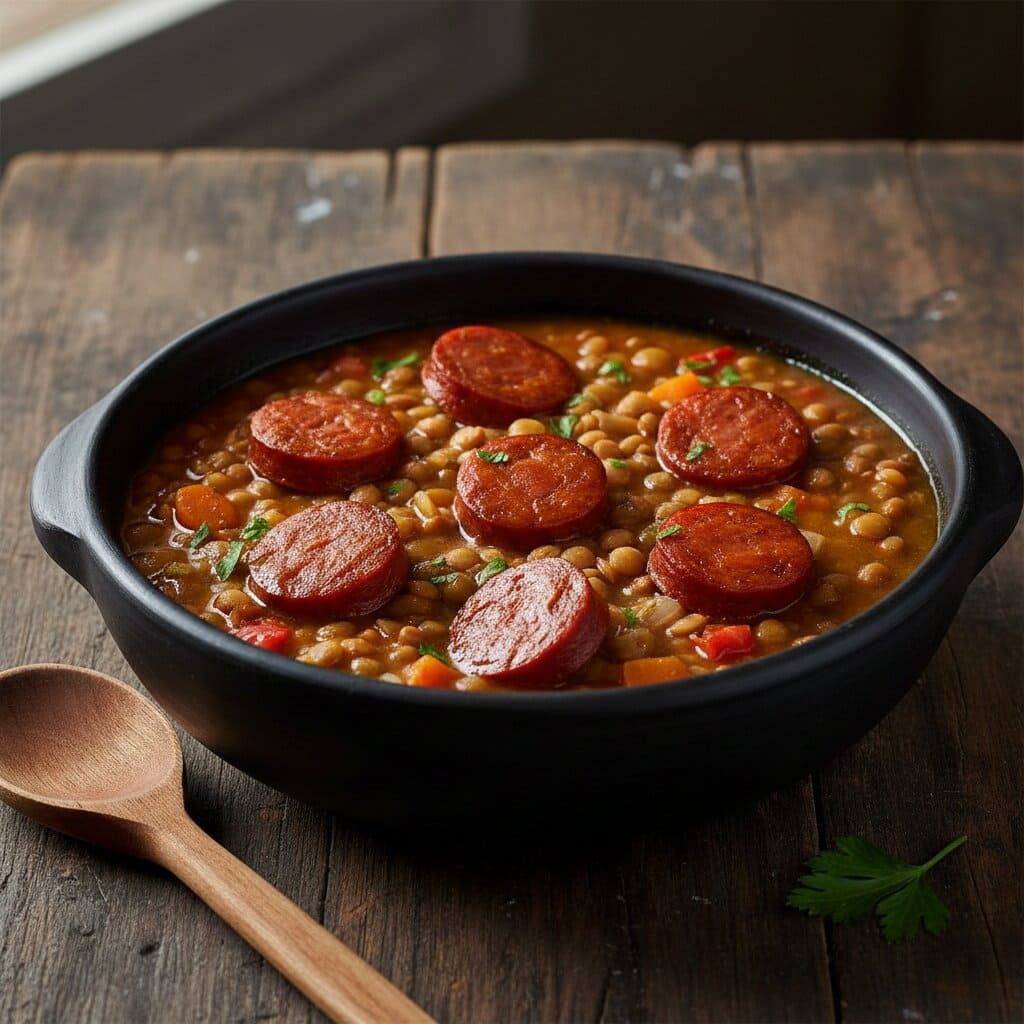 Plato hondo de lentejas con chorizo ahumado artesanal y sofrito de verduras.