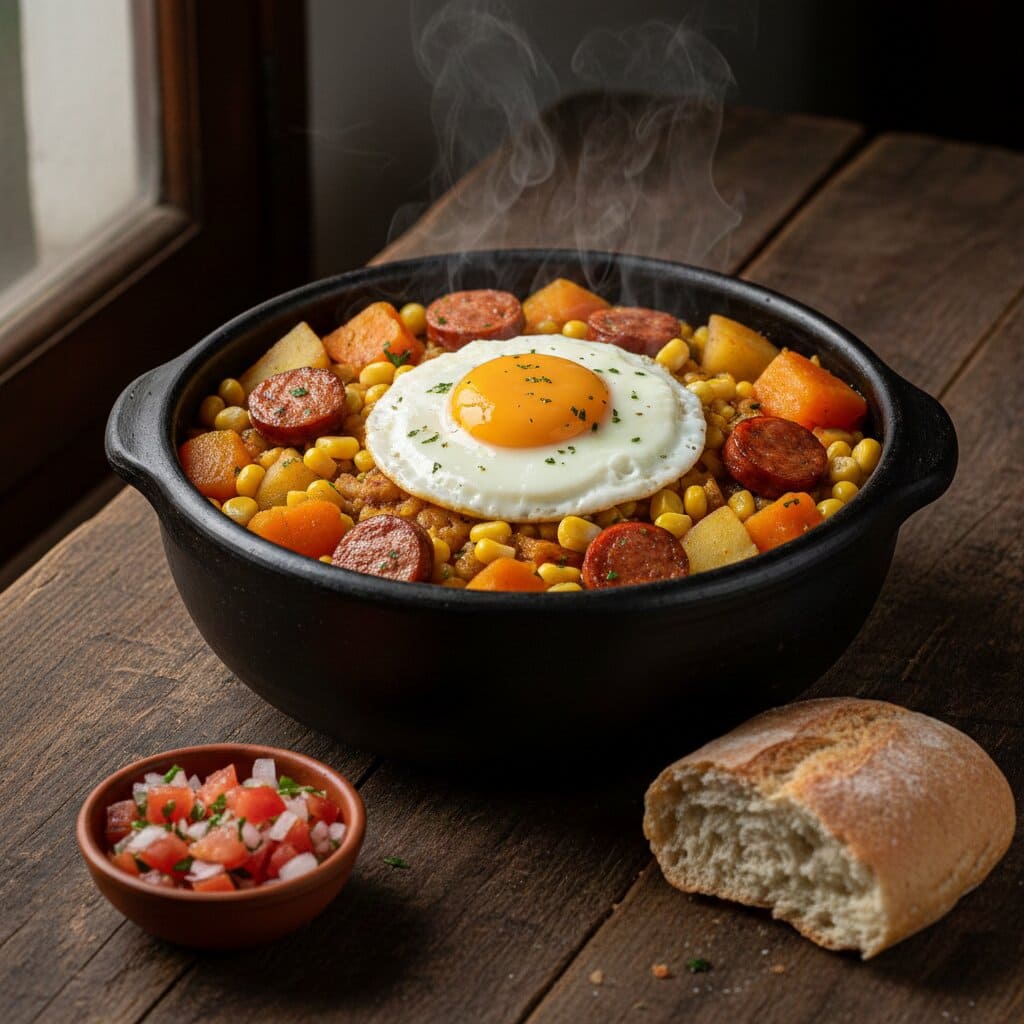 Plato hondo de charquican con longaniza humeante decorado con huevo frito.