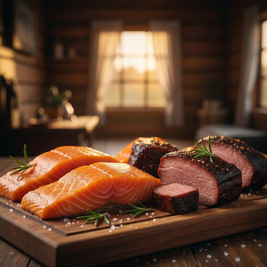 Tabla de madera con diversos beneficios comida ahumada del sur de Chile.