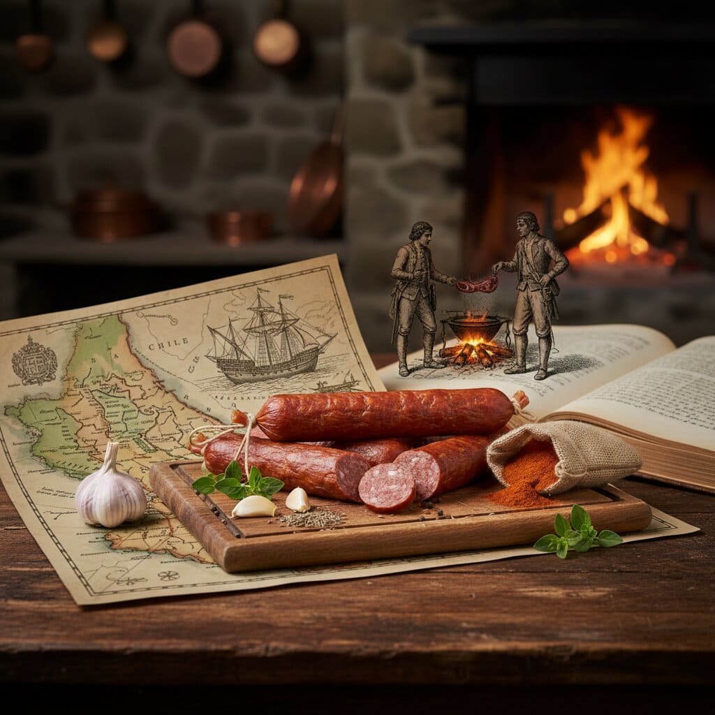 Plato tradicional destacando la historia de la longaniza en Chile con texturas artesanales.