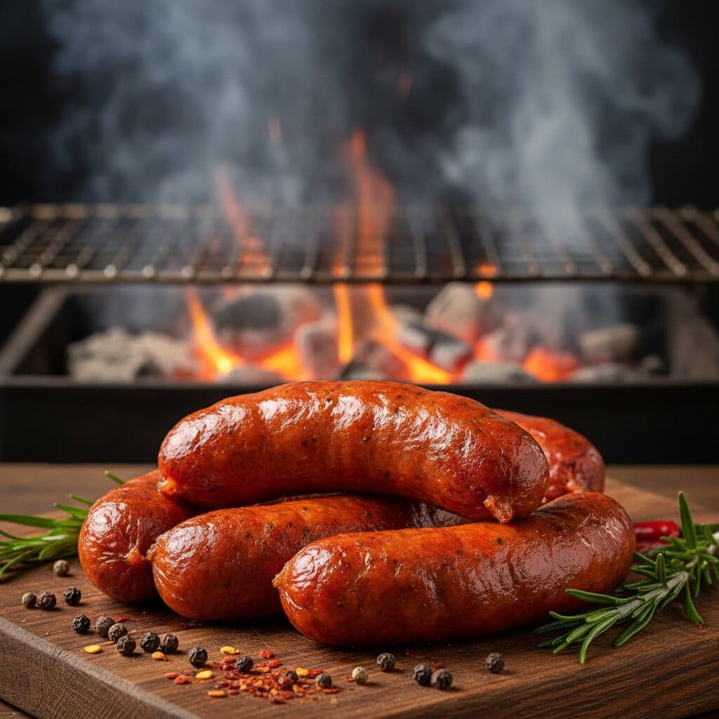 Chorizo parrillero artesanal sobre tabla de madera con especias y humo.
