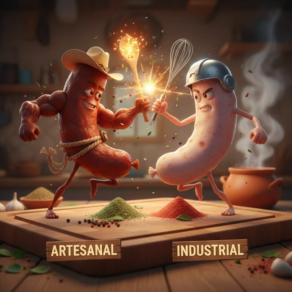 Comparativa visual de longaniza artesanal vs industrial en una tabla de madera.