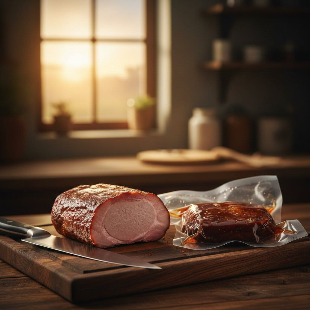Tabla de madera con carne ahumada al vacio duracion prolongada y aspecto jugoso.