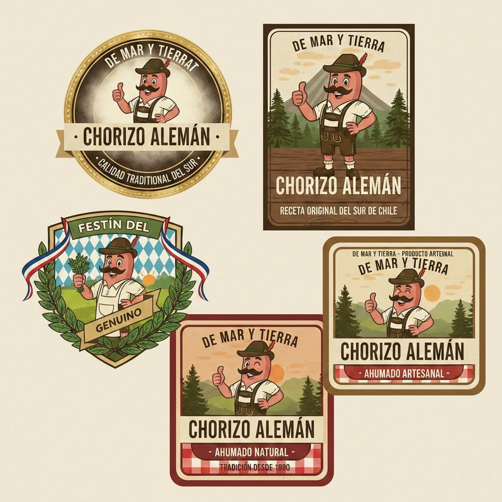 Set de etiquetas vintage con un simpático personaje bávaro que representa el chorizo alemán características de ahumado natural y tradición del sur de Chile.